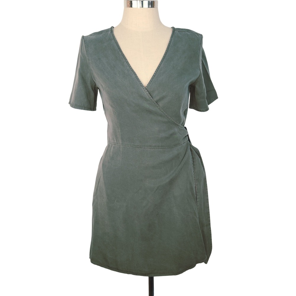 VETTA‎ Capsule Wardrobe Olive Green Wrap Dress 100% Tencel Short Sleeve M